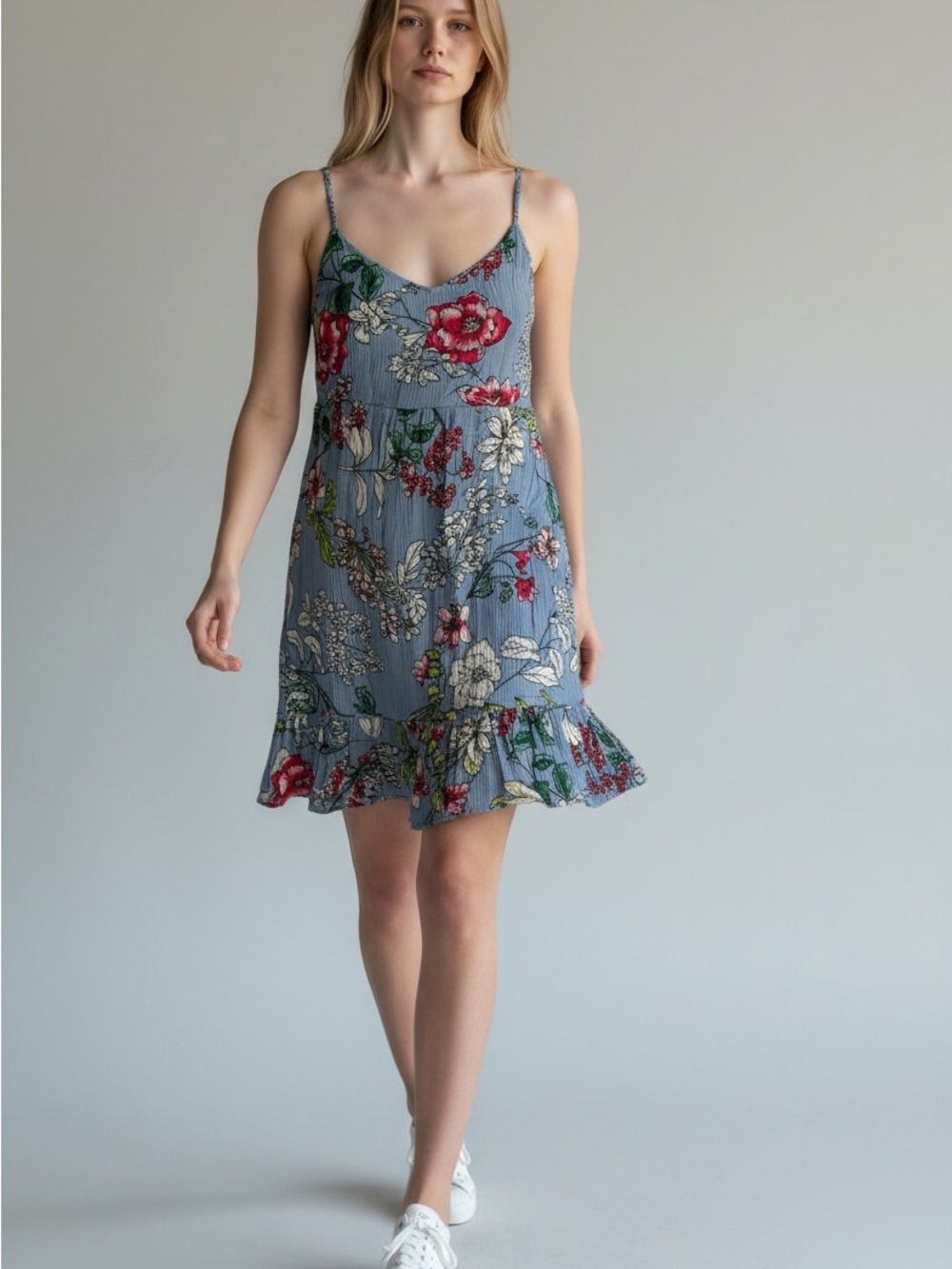 Blue Floral Spaghetti Strap Ruffle Hem Dress